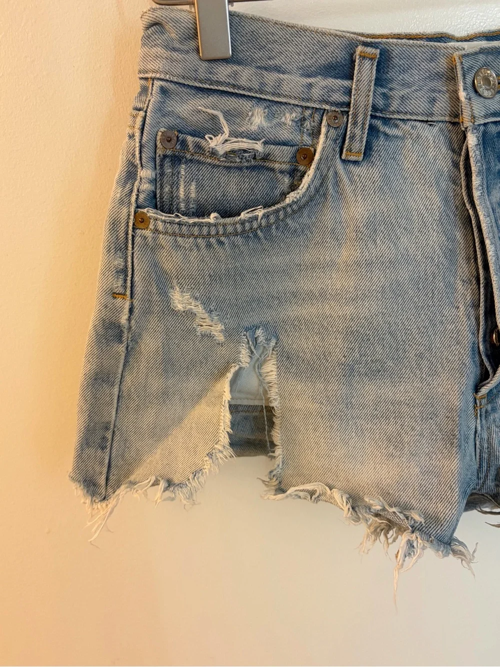 Agolde Light Blue Distressed Denim Cutoff Shorts - Picture 3 of 4